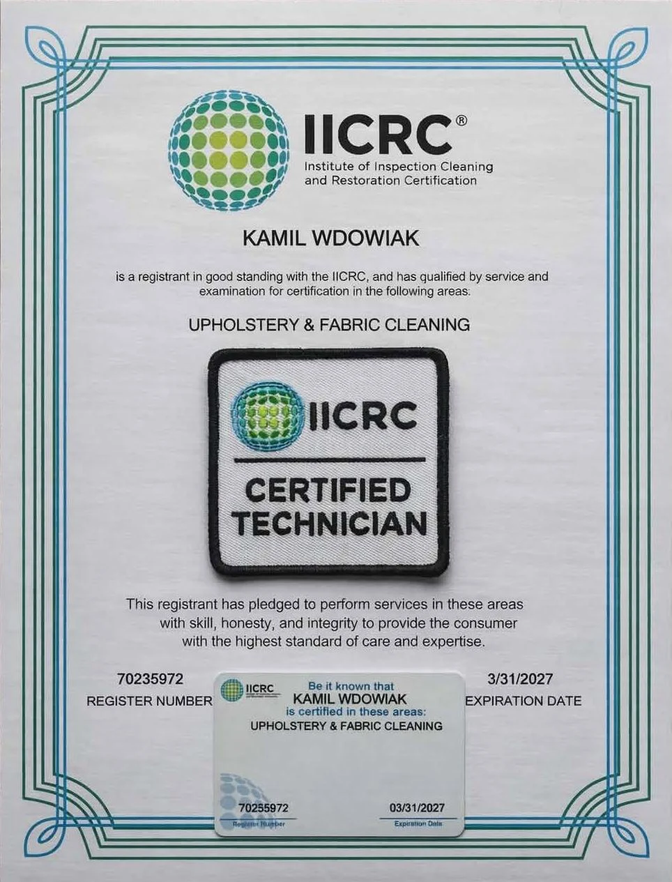 Certyfikat IICRC Upholstery & Fabric Cleaning wystawiony dla Kamila Wdowiaka
