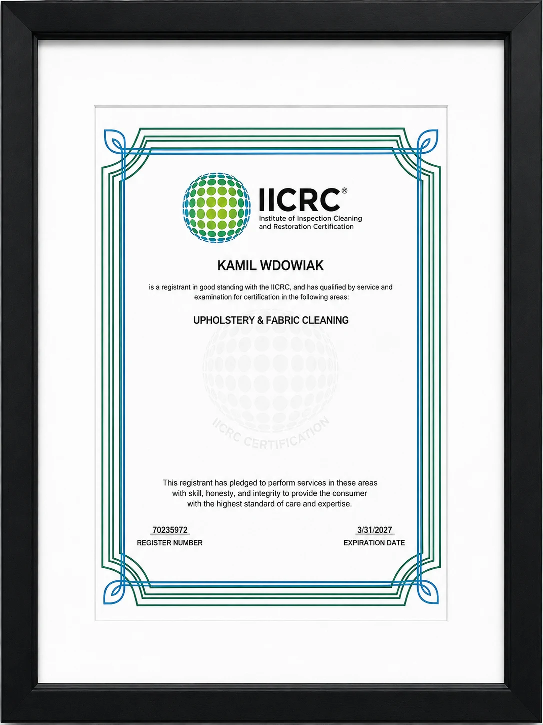 Certyfikat IICRC Upholstery & Fabric Cleaning wystawiony dla Kamila Wdowiaka